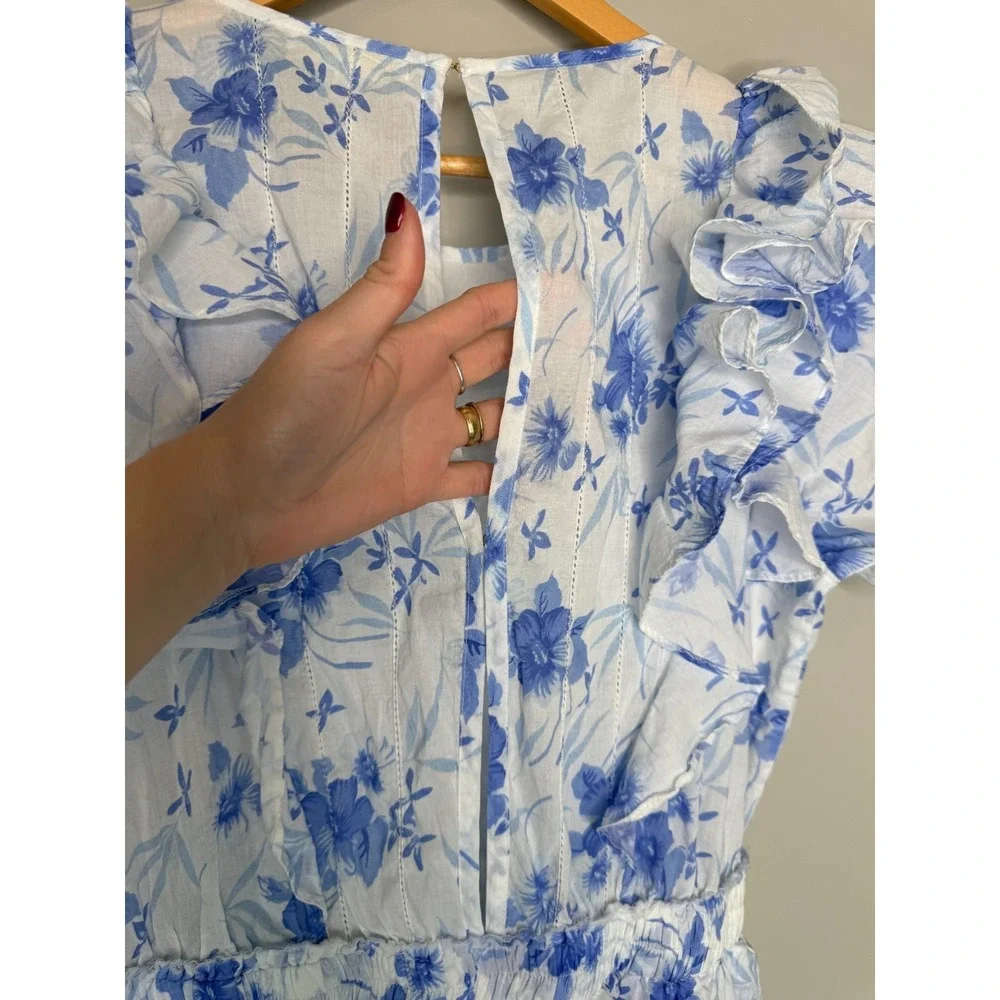 LoveShackFancy Womens XL Floral Mini Dress Blue White Ruffle Cotton